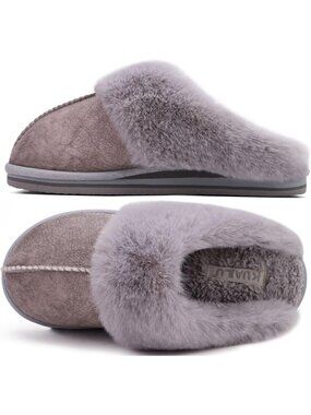 Womens Grey Cozy Memory Comfy Winter Scuff Indoor Outdoor Rubber Hard Sole